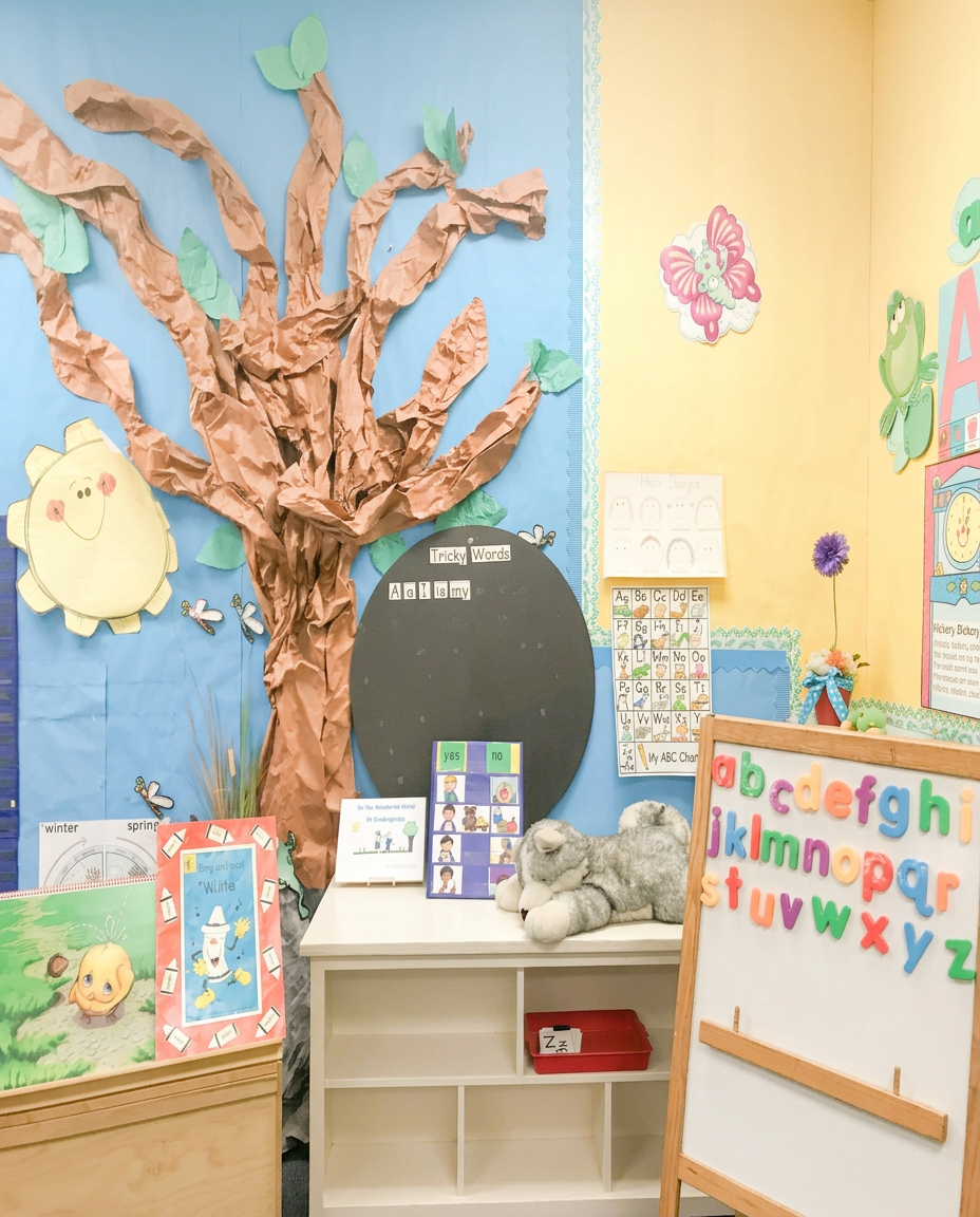 Pastel nursery classroom corner with a paper tree display, alphabet board and story books